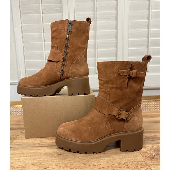 Michael Kors Perry Suede Moto Boots Luggage Camel Size 8 NWOB Chic Edgy Lug Sole - Picture 3 of 14